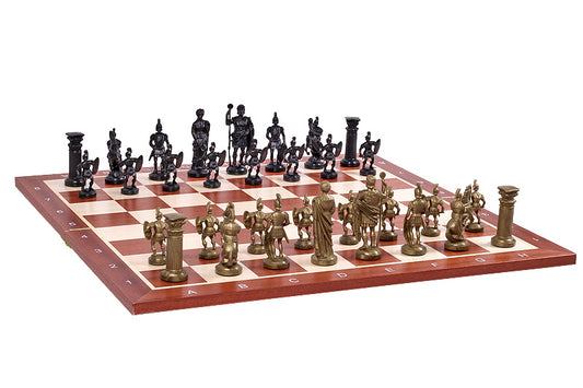 Figure di scacchi stilizzate dell'Impero Romano, nere e dorate, con peso in metallo (re 98 mm)