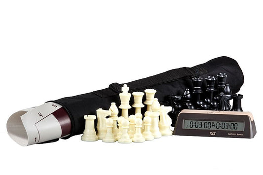 Set di scacchi da torneo in borsa - pesante (pezzi di plastica pesati + scacchiera rotante + orologio per scacchi + borsa)
