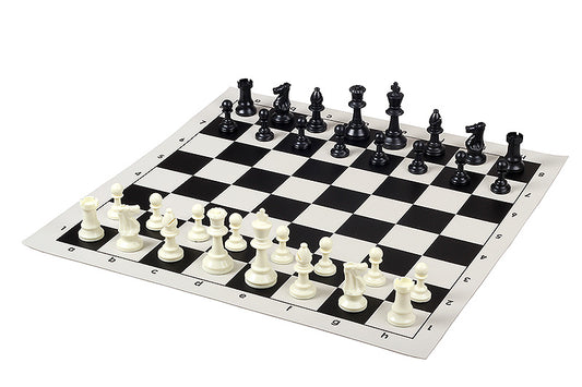 Set di scacchi per la scuola Nero - pesante (Scacchi in Plastica Piombati + Scacchiera Avvolgibile)